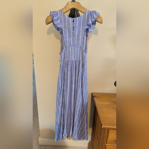 Free People Chambray Striped Dress Pastel Blue Smocked Waist Ruffle - Picture 5 of 7